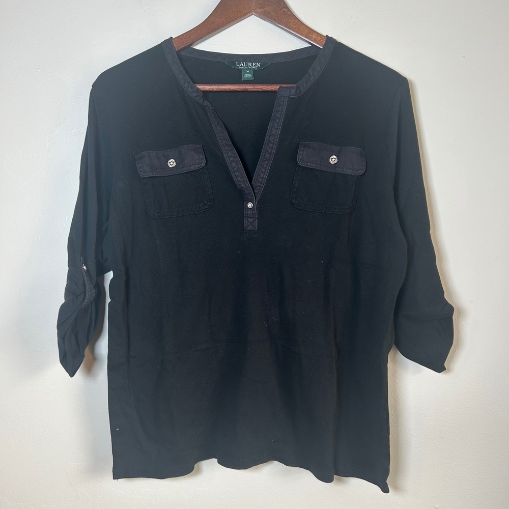 Lauren Ralph Lauren Henley Top Women XL Black 3/4 Sleeve Cotton Utility Pocket‎